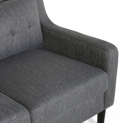 Divano moderno imbottito Roomfitters, divano con bottoni trapuntati, braccioli curvi e comodi cuscini