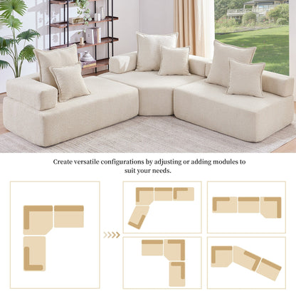 Divano componibile modulare a L Roomfitters con set Boucle da 3 pezzi, divano da pavimento convertibile imbottito in schiuma, beige