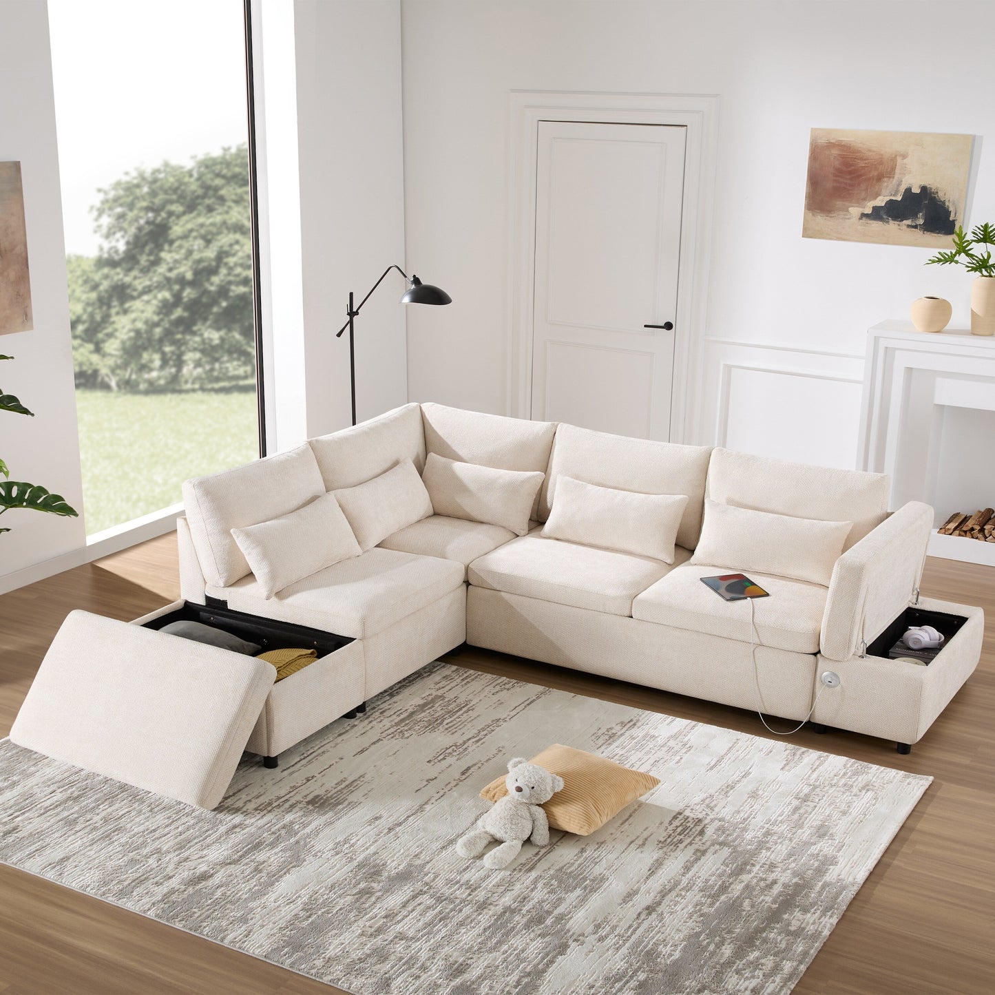 Divano componibile modulare Roomfitters con pouf contenitore, divano componibile in ciniglia oversize a forma di L per appartamento