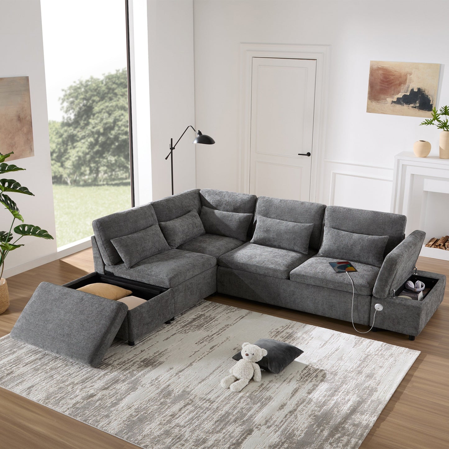 Divano componibile modulare Roomfitters con pouf contenitore, divano componibile in ciniglia oversize a forma di L per appartamento