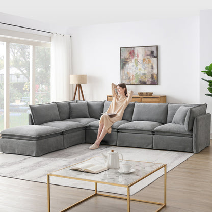 Divano componibile modulare Roomfitters con pouf mobile, ampio divano a L in ciniglia a 6 posti per soggiorno