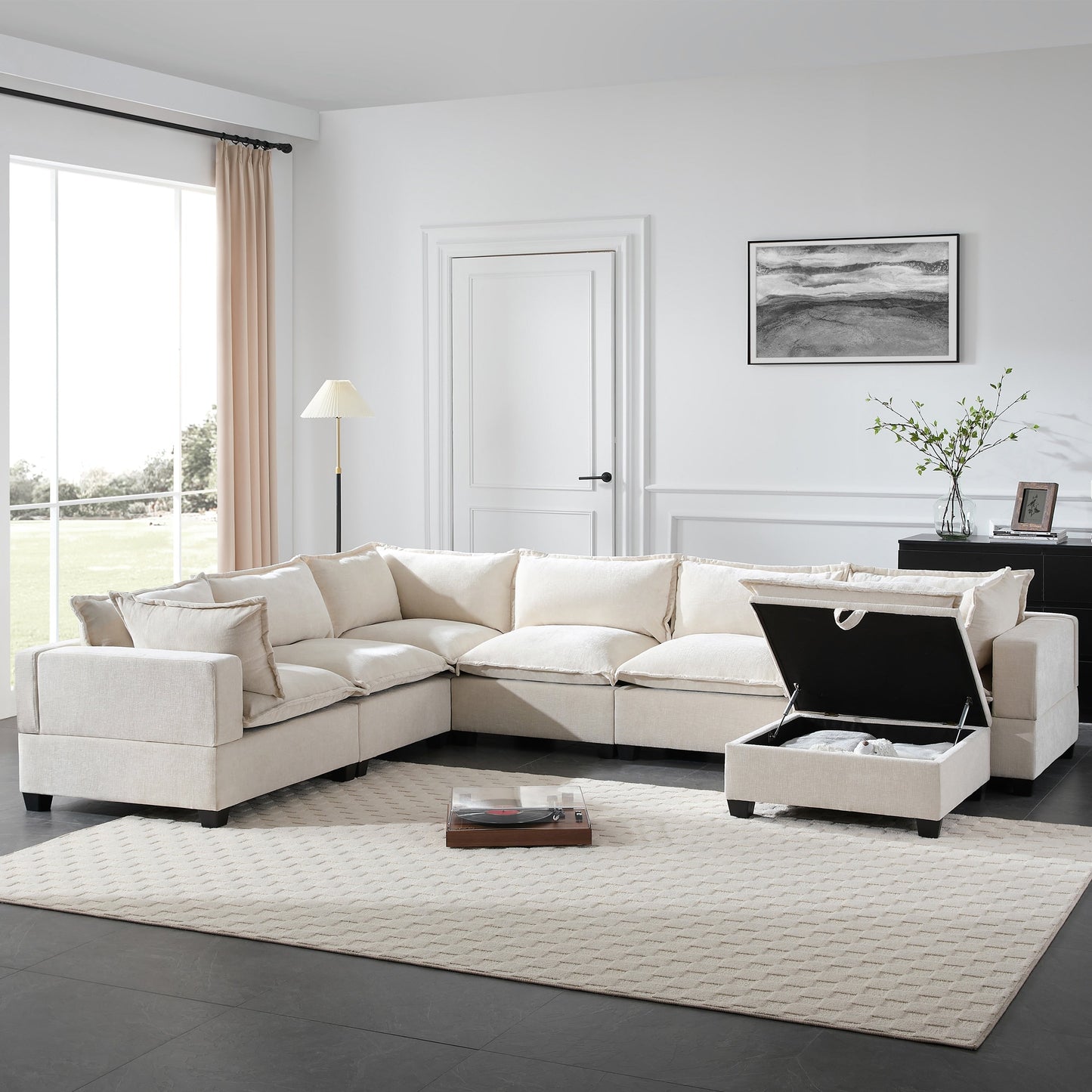 Divano modulare in ciniglia a forma di U Roomfitters con pouf contenitore, divano oversize a 7 posti con disposizione libera per il soggiorno