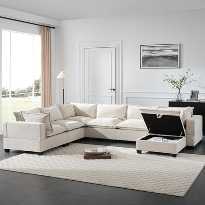 Divano modulare in ciniglia a forma di U Roomfitters con pouf contenitore, divano oversize a 7 posti con disposizione libera per il soggiorno