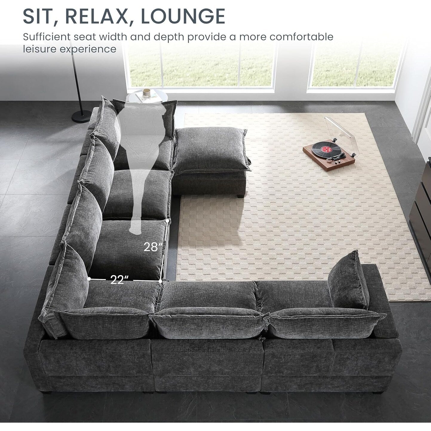 Divano modulare in ciniglia a forma di U Roomfitters con pouf contenitore, divano oversize a 7 posti con disposizione libera per il soggiorno