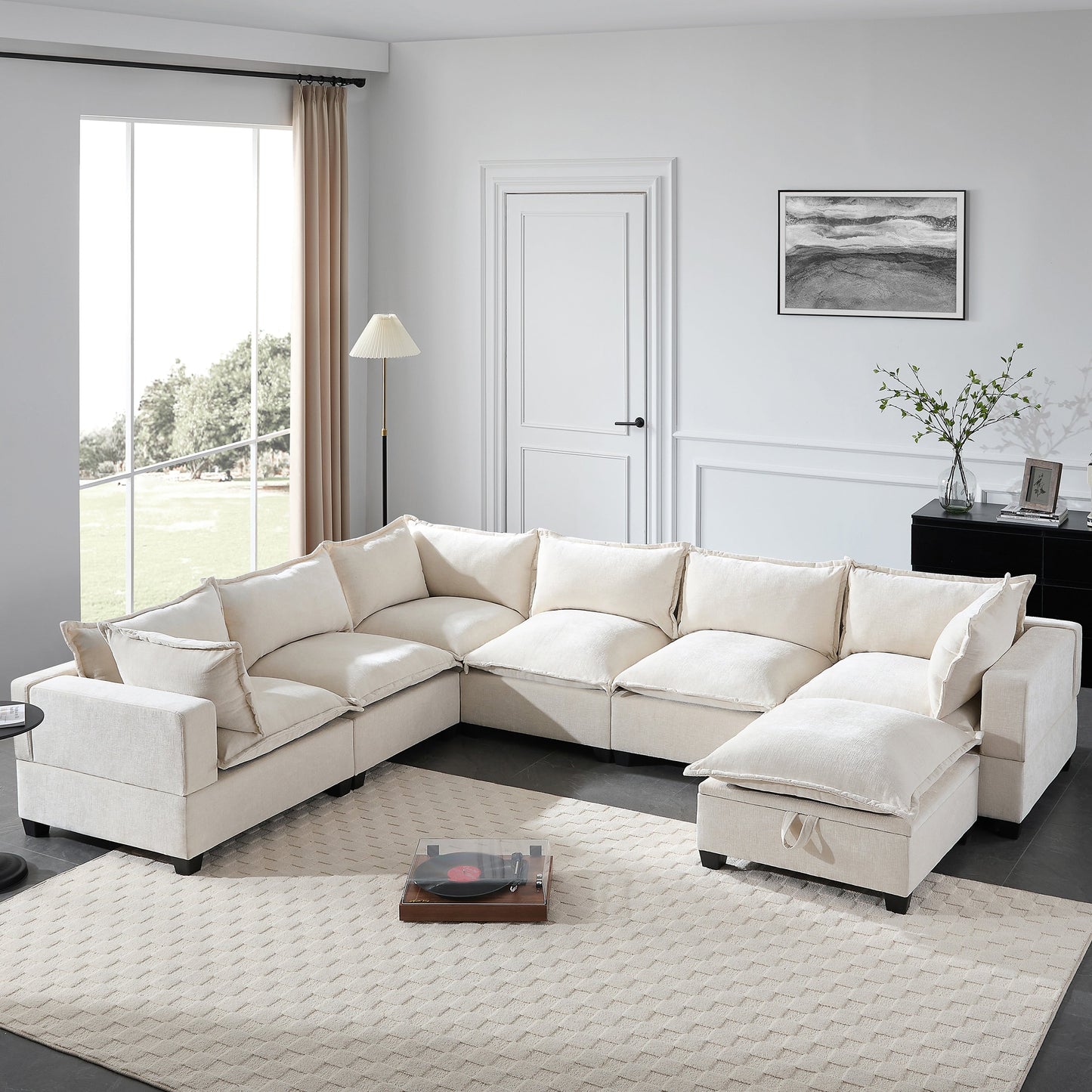 Divano modulare in ciniglia a forma di U Roomfitters con pouf contenitore, divano oversize a 7 posti con disposizione libera per il soggiorno