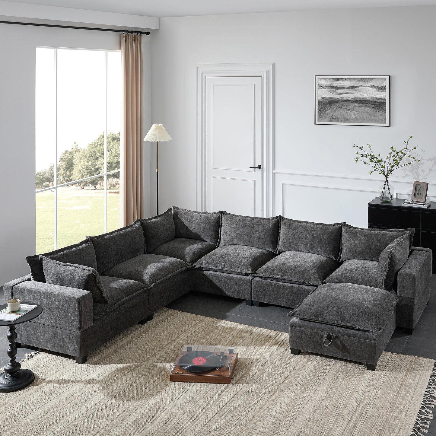 Divano modulare in ciniglia a forma di U Roomfitters con pouf contenitore, divano oversize a 7 posti con disposizione libera per il soggiorno