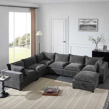 Divano modulare in ciniglia a forma di U Roomfitters con pouf contenitore, divano oversize a 7 posti con disposizione libera per il soggiorno