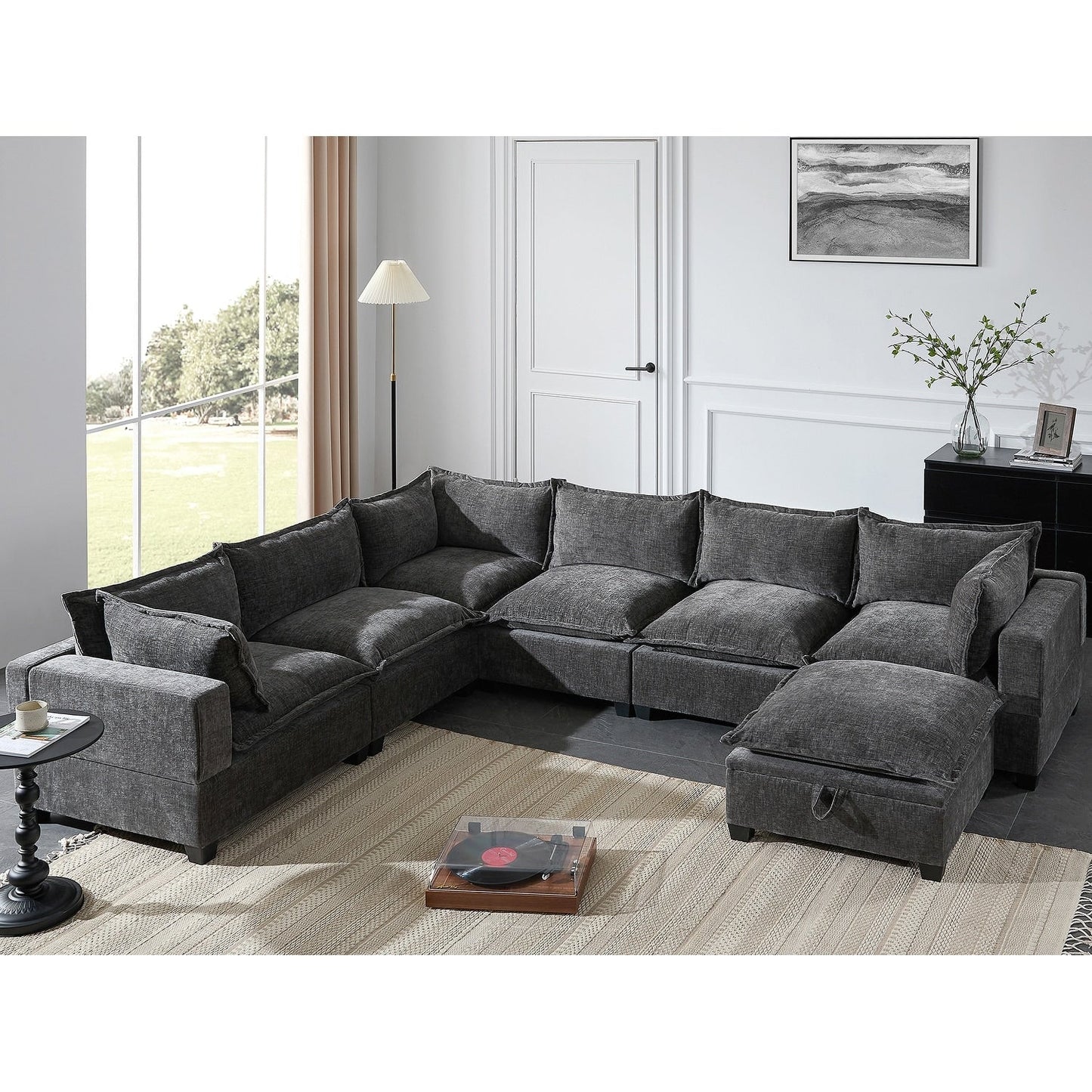 Divano modulare in ciniglia a forma di U Roomfitters con pouf contenitore, divano oversize a 7 posti con disposizione libera per il soggiorno