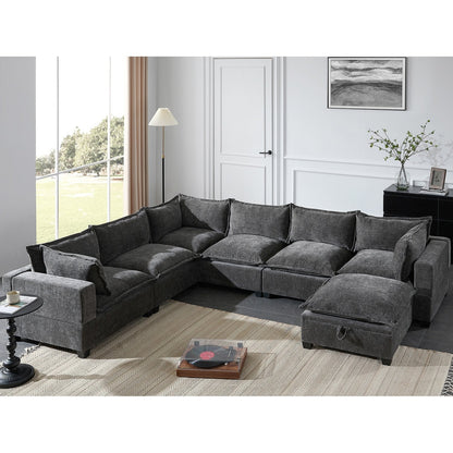 Divano modulare in ciniglia a forma di U Roomfitters con pouf contenitore, divano oversize a 7 posti con disposizione libera per il soggiorno