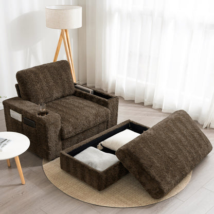Divano letto chaise longue oversize Roomfitters con pouf, poltrona letto in pelliccia sintetica con portabicchieri