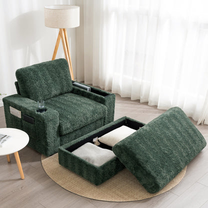 Divano letto chaise longue oversize Roomfitters con pouf, poltrona letto in pelliccia sintetica con portabicchieri