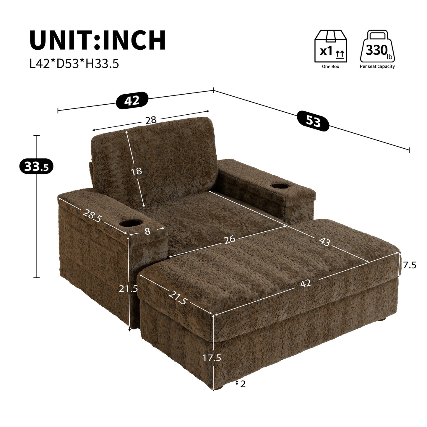Divano letto chaise longue oversize Roomfitters con pouf, poltrona letto in pelliccia sintetica con portabicchieri