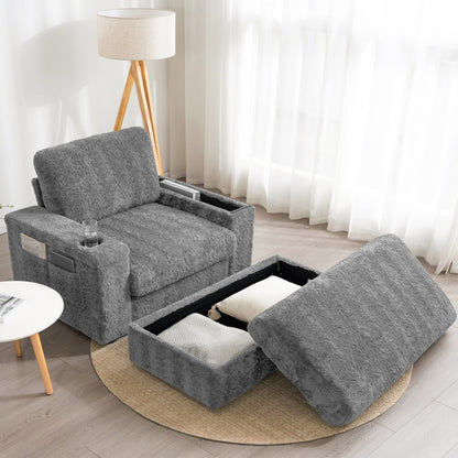 Divano letto chaise longue oversize Roomfitters con pouf, poltrona letto in pelliccia sintetica con portabicchieri