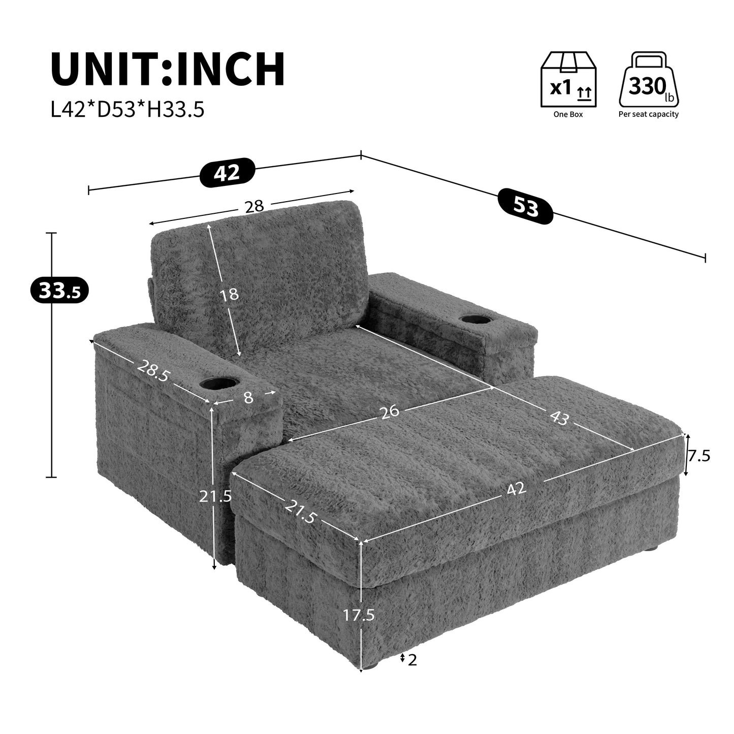 Divano letto chaise longue oversize Roomfitters con pouf, poltrona letto in pelliccia sintetica con portabicchieri