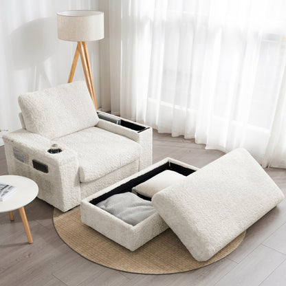 Divano letto chaise longue oversize Roomfitters con pouf, poltrona letto in pelliccia sintetica con portabicchieri