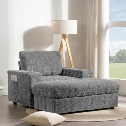 Divano letto chaise longue oversize Roomfitters con pouf, poltrona letto in pelliccia sintetica con portabicchieri