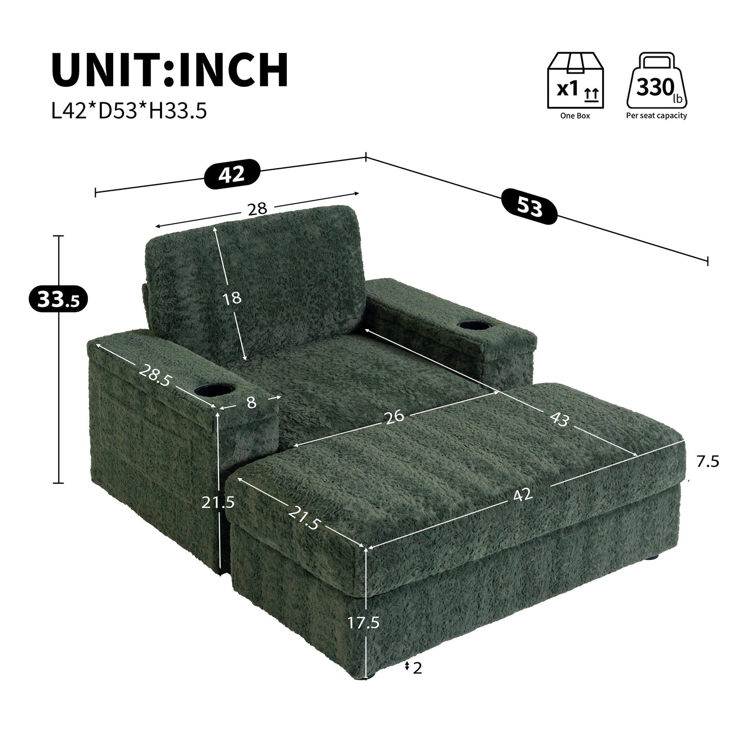 Divano letto chaise longue oversize Roomfitters con pouf, poltrona letto in pelliccia sintetica con portabicchieri