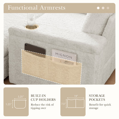 Divano letto chaise longue oversize Roomfitters con pouf, poltrona letto in pelliccia sintetica con portabicchieri