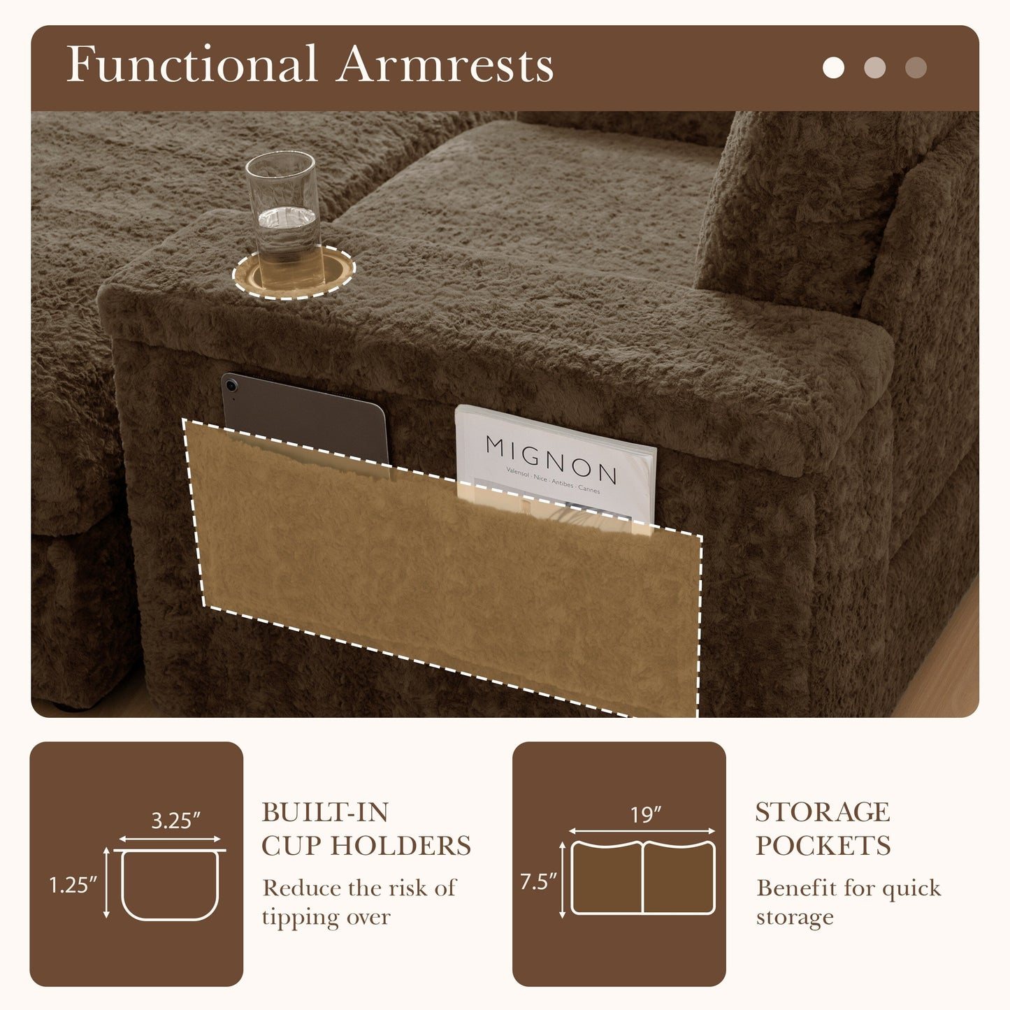 Divano letto chaise longue oversize Roomfitters con pouf, poltrona letto in pelliccia sintetica con portabicchieri