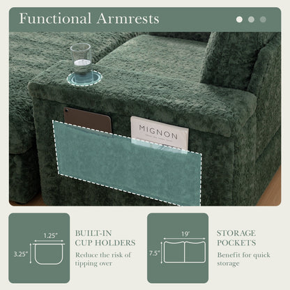 Divano letto chaise longue oversize Roomfitters con pouf, poltrona letto in pelliccia sintetica con portabicchieri