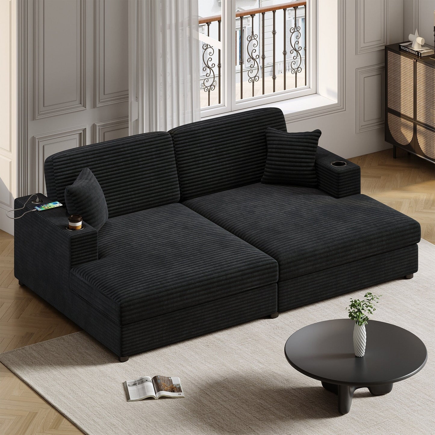 Divano letto componibile con chaise longue oversize Roomfitters, divano letto in velluto a coste con porte USB e portabicchieri