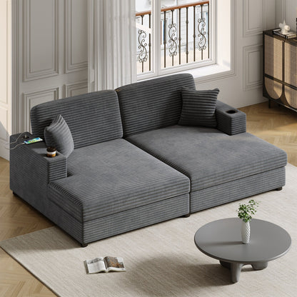 Divano letto componibile con chaise longue oversize Roomfitters, divano letto in velluto a coste con porte USB e portabicchieri