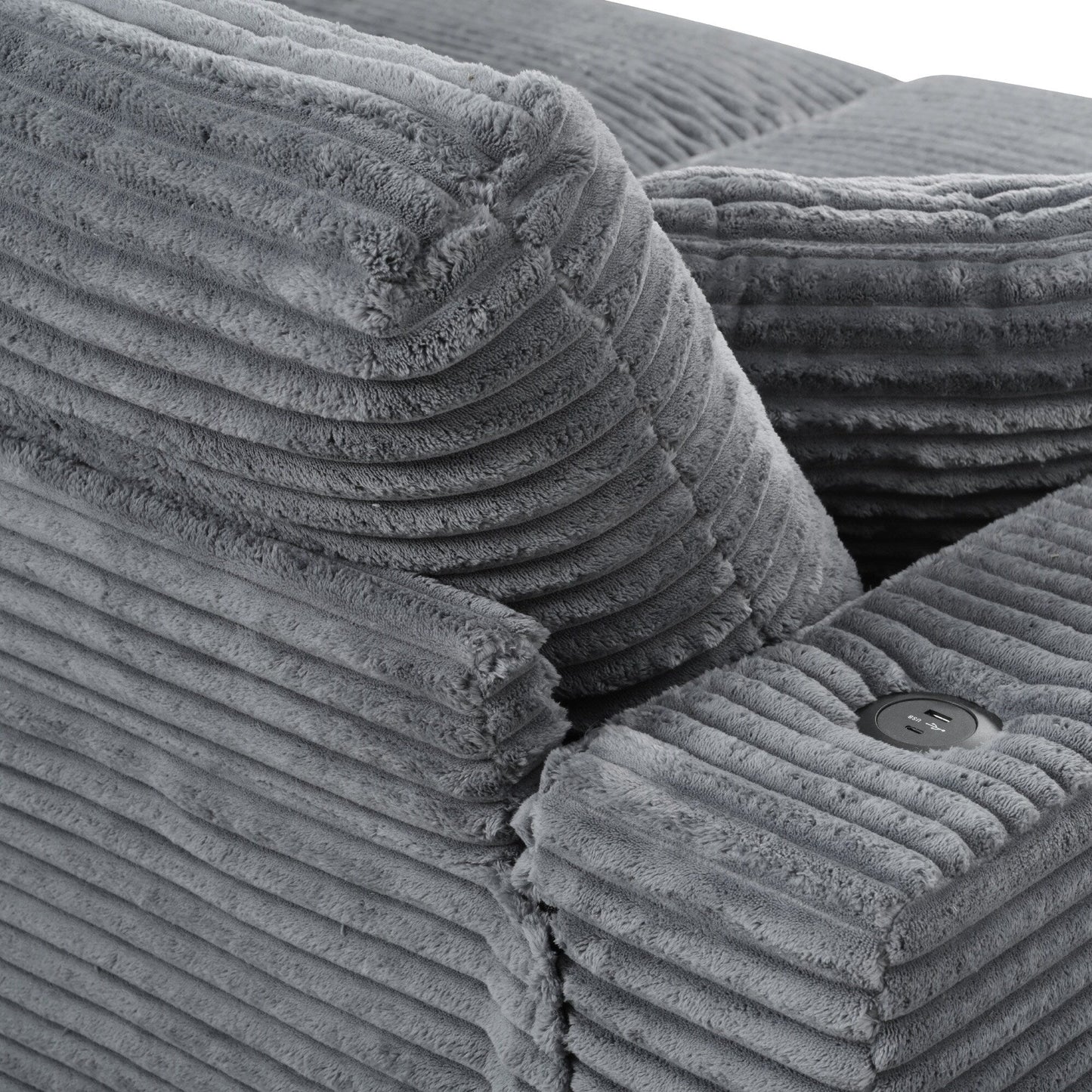 Divano letto componibile con chaise longue oversize Roomfitters, divano letto in velluto a coste con porte USB e portabicchieri