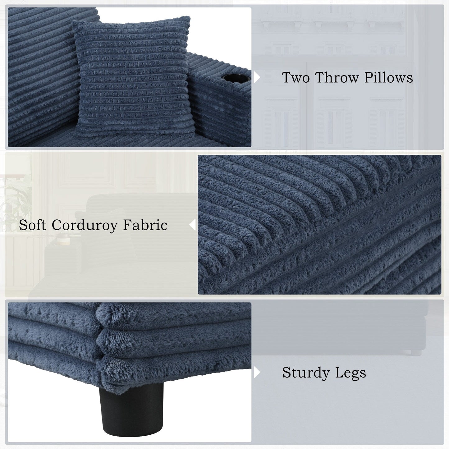 Divano letto componibile con chaise longue oversize Roomfitters, divano letto in velluto a coste con porte USB e portabicchieri