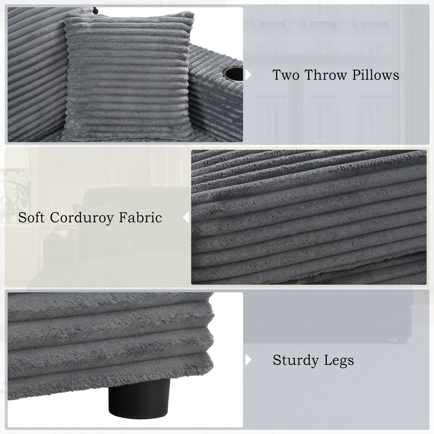 Divano letto componibile con chaise longue oversize Roomfitters, divano letto in velluto a coste con porte USB e portabicchieri