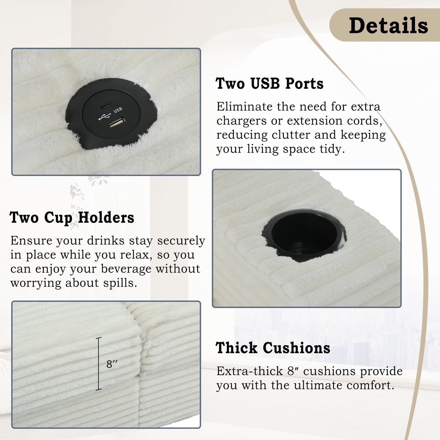 Divano letto componibile con chaise longue oversize Roomfitters, divano letto in velluto a coste con porte USB e portabicchieri