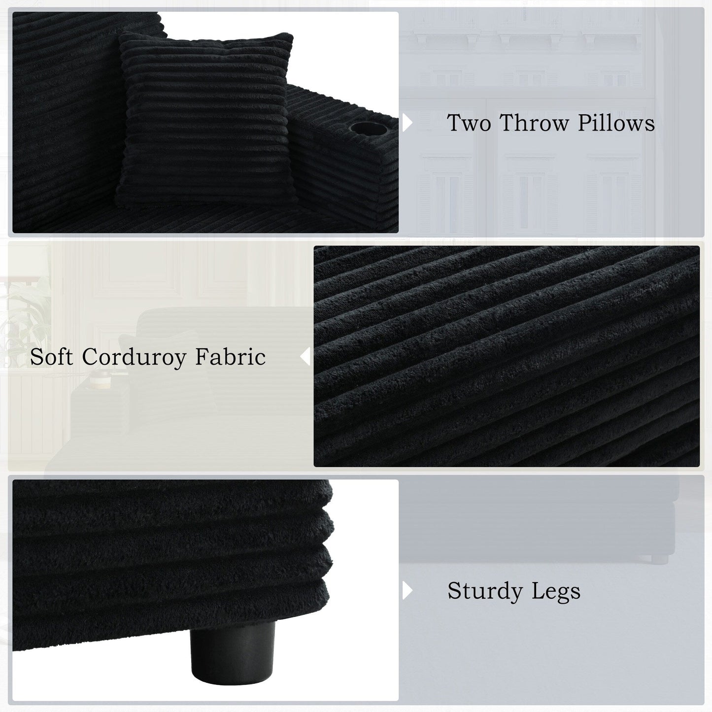 Divano letto componibile con chaise longue oversize Roomfitters, divano letto in velluto a coste con porte USB e portabicchieri