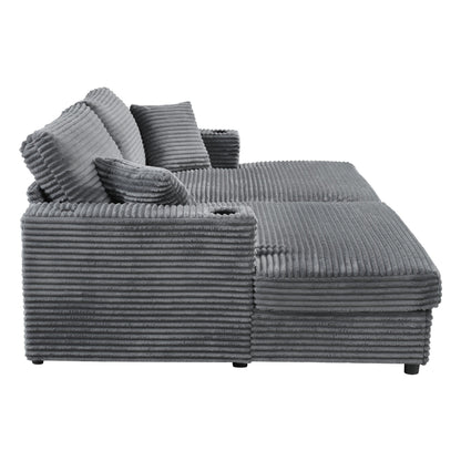 Divano letto componibile con chaise longue oversize Roomfitters, divano letto in velluto a coste con porte USB e portabicchieri