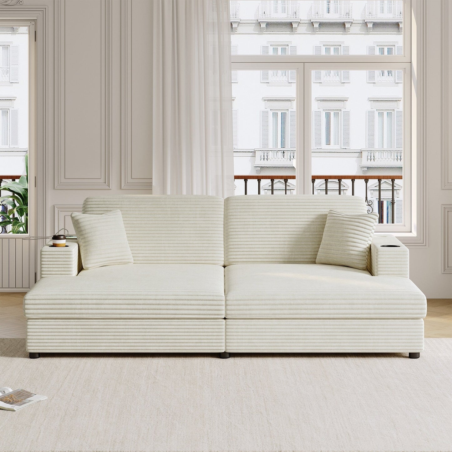 Divano letto componibile con chaise longue oversize Roomfitters, divano letto in velluto a coste con porte USB e portabicchieri