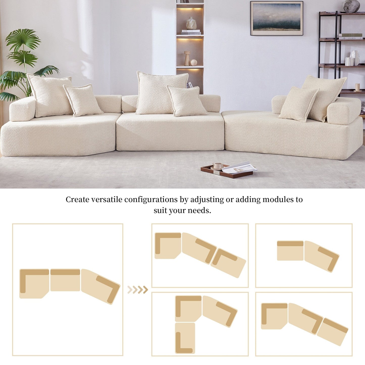 Divano modulare oversize Roomfitters con set di 3 pezzi Boucle, divano da pavimento convertibile per soggiorno, beige