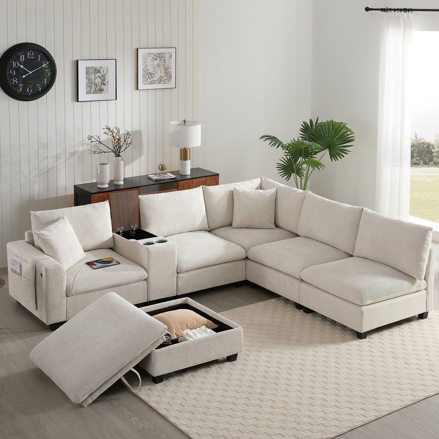 Divano oversize in velluto a coste a forma di U di Roomfitters con pouf contenitore, consolle, caricabatterie USB e portabicchieri