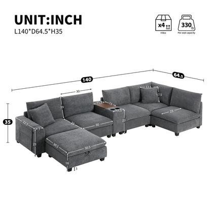 Divano oversize in velluto a coste a forma di U di Roomfitters con pouf contenitore, consolle, caricabatterie USB e portabicchieri