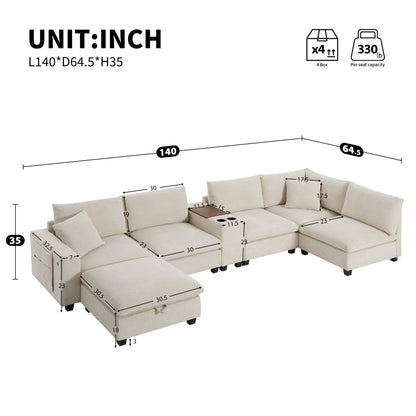 Divano oversize in velluto a coste a forma di U di Roomfitters con pouf contenitore, consolle, caricabatterie USB e portabicchieri