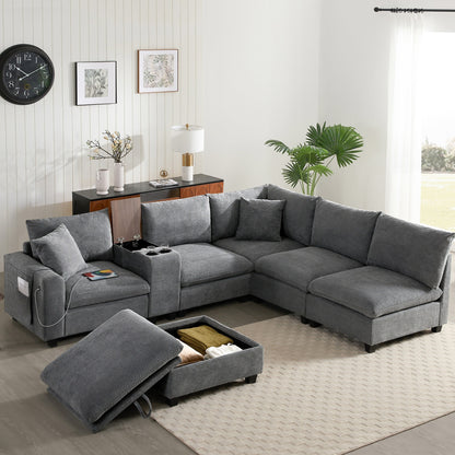 Divano oversize in velluto a coste a forma di U di Roomfitters con pouf contenitore, consolle, caricabatterie USB e portabicchieri