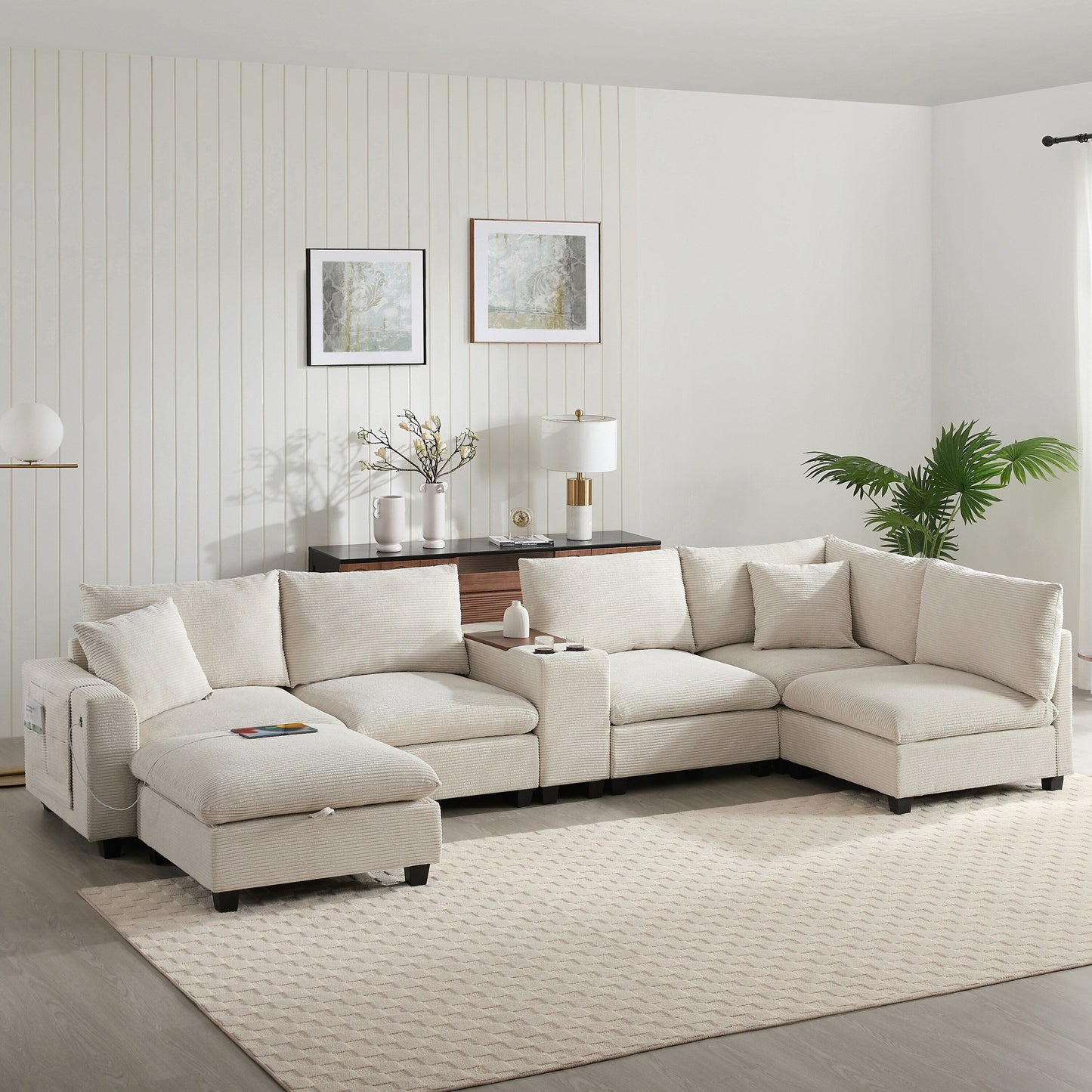 Divano oversize in velluto a coste a forma di U di Roomfitters con pouf contenitore, consolle, caricabatterie USB e portabicchieri