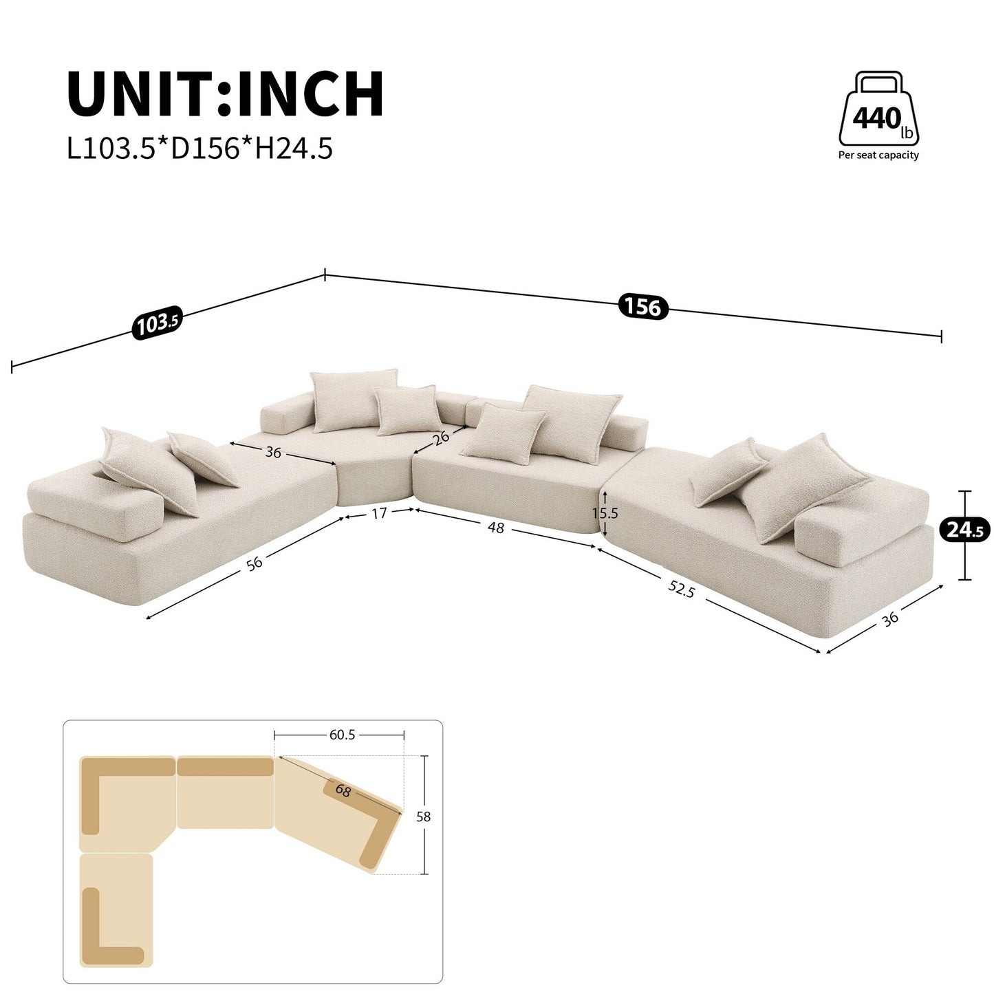 Divano componibile a U di grandi dimensioni Roomfitters con set Boucle da 4 pezzi, divano modulare da pavimento imbottito in schiuma, beige