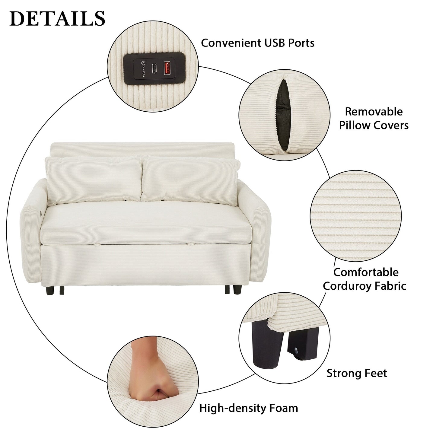 Divano letto trasformabile a 2 posti Roomfitters, con cuscini e porte USB, moderno divano letto, beige