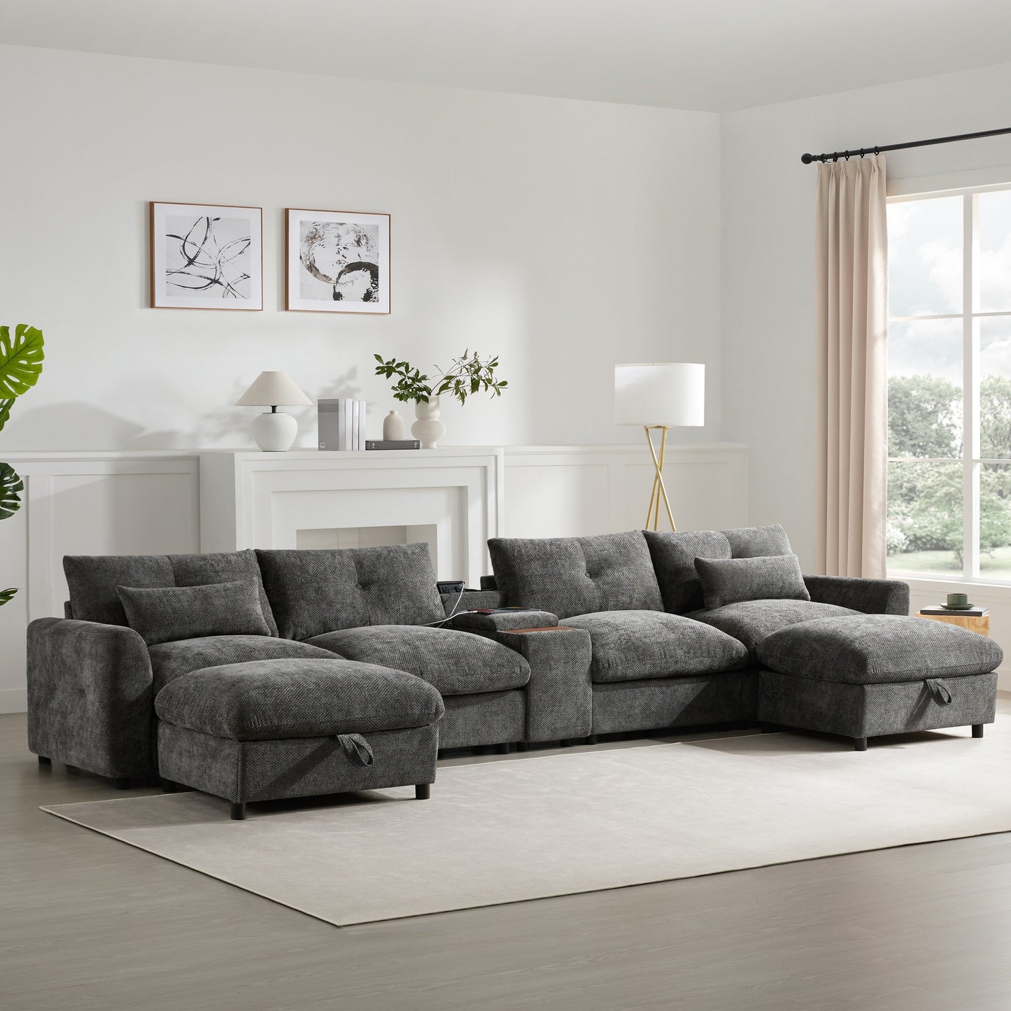 Divano componibile in ciniglia a forma di U Roomfitters con pouf contenitore, console USB e portabicchieri, divano modulare a 6 posti