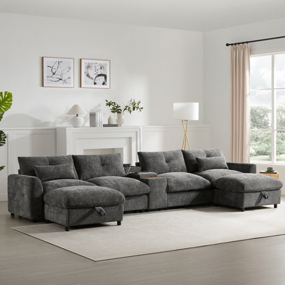 Divano componibile in ciniglia a forma di U Roomfitters con pouf contenitore, console USB e portabicchieri, divano modulare a 6 posti