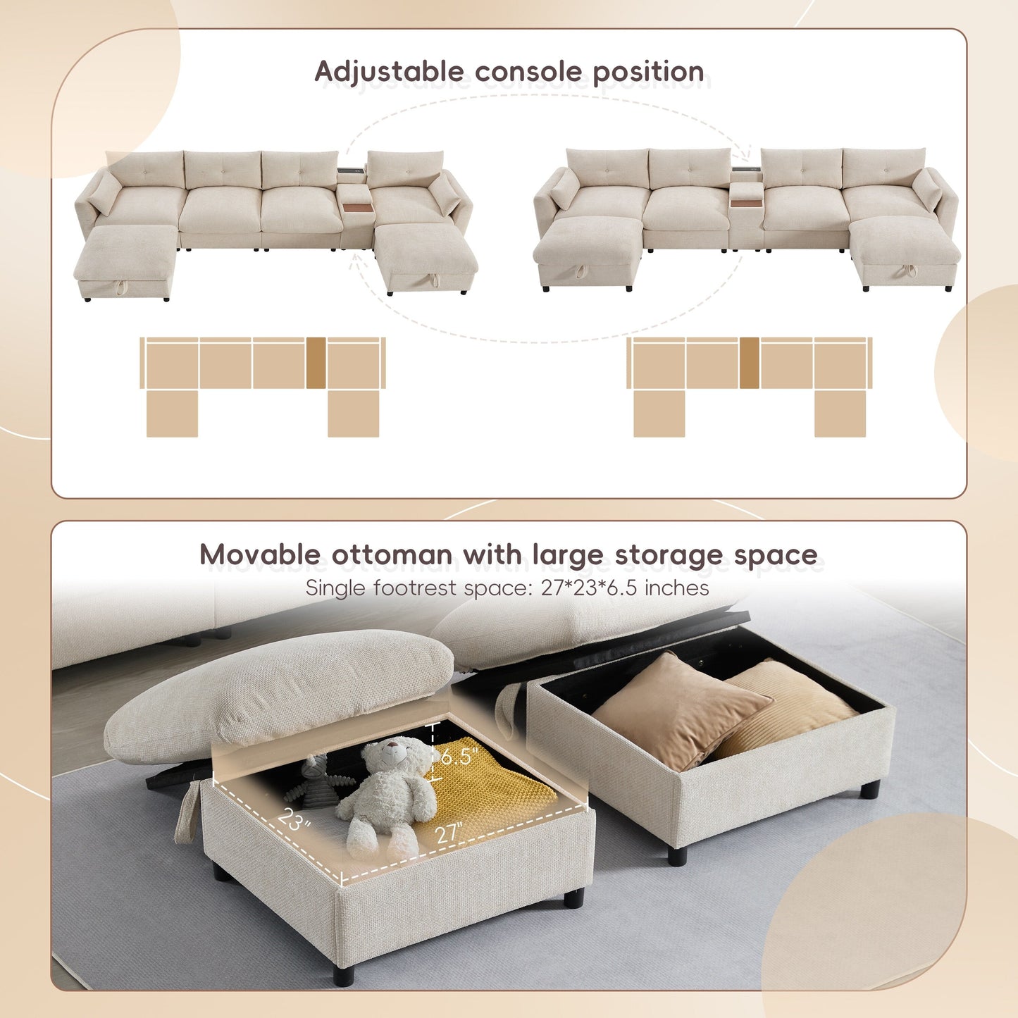 Divano componibile in ciniglia a forma di U Roomfitters con pouf contenitore, console USB e portabicchieri, divano modulare a 6 posti
