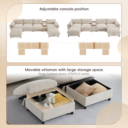 Divano componibile in ciniglia a forma di U Roomfitters con pouf contenitore, console USB e portabicchieri, divano modulare a 6 posti