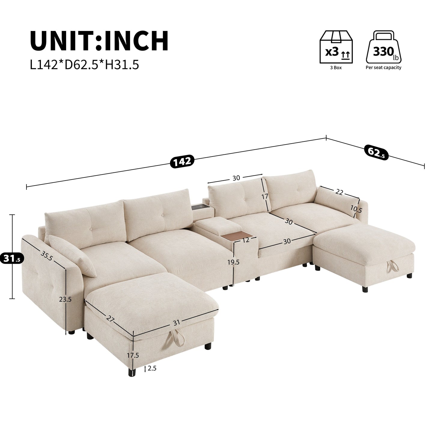 Divano componibile in ciniglia a forma di U Roomfitters con pouf contenitore, console USB e portabicchieri, divano modulare a 6 posti