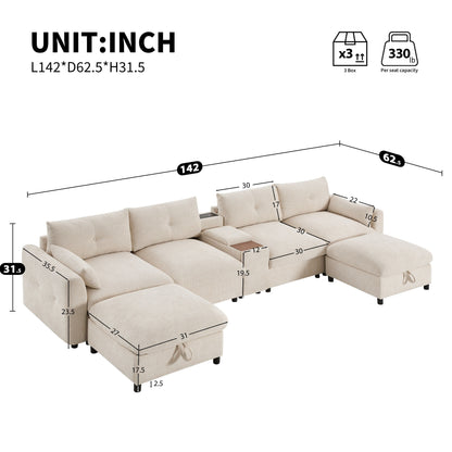 Divano componibile in ciniglia a forma di U Roomfitters con pouf contenitore, console USB e portabicchieri, divano modulare a 6 posti
