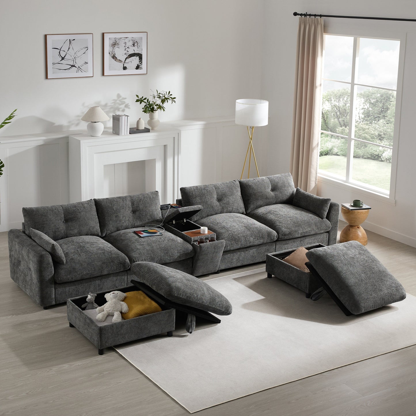 Divano componibile in ciniglia a forma di U Roomfitters con pouf contenitore, console USB e portabicchieri, divano modulare a 6 posti