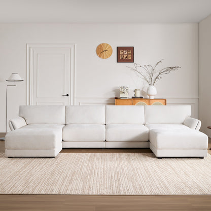 Divano modulare in ciniglia a forma di U Roomfitters con ampia seduta, caricabatterie USB di tipo C e pouf, bracciolo a petalo