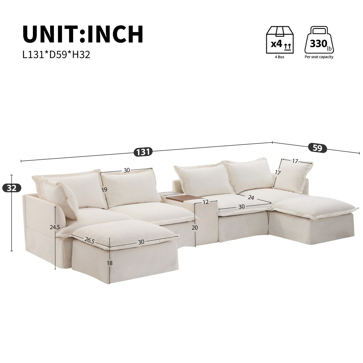 Divano componibile a U Roomfitters con pouf, consolle e portabicchieri, divano in ciniglia a 6 posti con caricabatterie USB